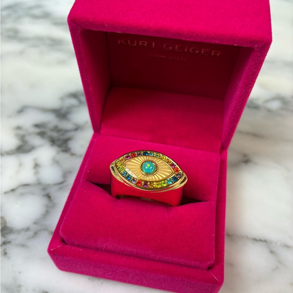 Kurt Geiger London Rainbow Crystals w/ Gold Metal Size 9 Brand New Evil Eye Ring